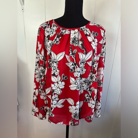 Liz Claiborne Career Red and White Floral Sheer Blouse Size Small - Picture 2 of 10